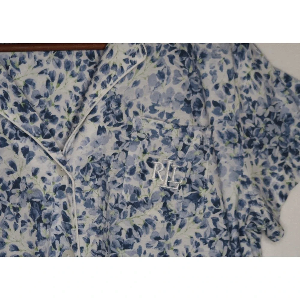 Lauren Ralph Lauren Womens L Blue Floral Button Front Pajama Top Shirt NWT